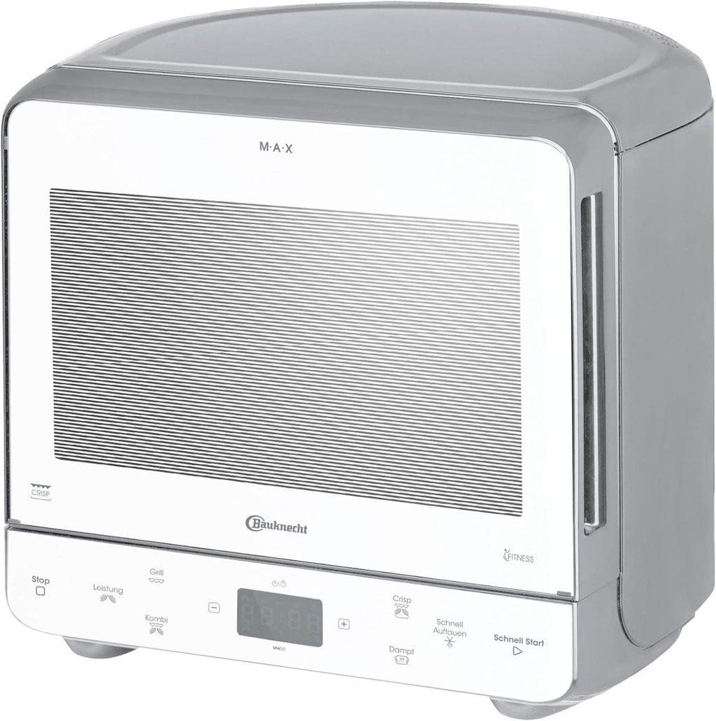 Bauknecht MW 39 WSL / Kombination Grill und Mikrowelle / Crisp Funktion / 700 W / 13 L Garraum / Super-Kompakt Design / Dampfgarfunktion / Schnellauftau-Funktion, Weiß/Silber