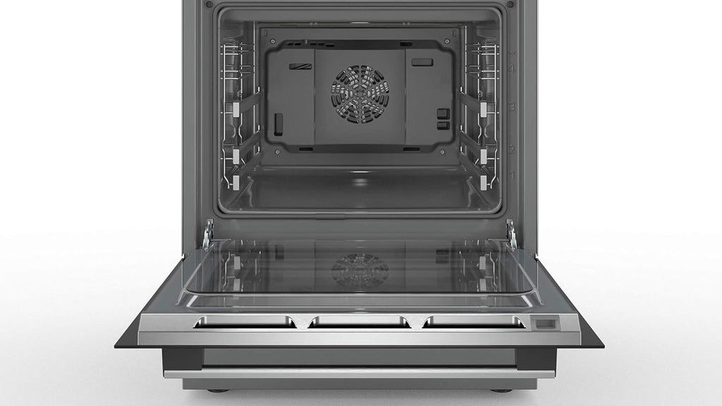 Bosch HKR39C250 Serie 4 Elektro-Standherd, 60 cm breit, EcoClean Direct Reinigungshilfe, 3D Heißluft Backen auf 3 Ebenen, LED-Display-Steuerung, erweiterbare Kochzone für großes Kochgeschirr