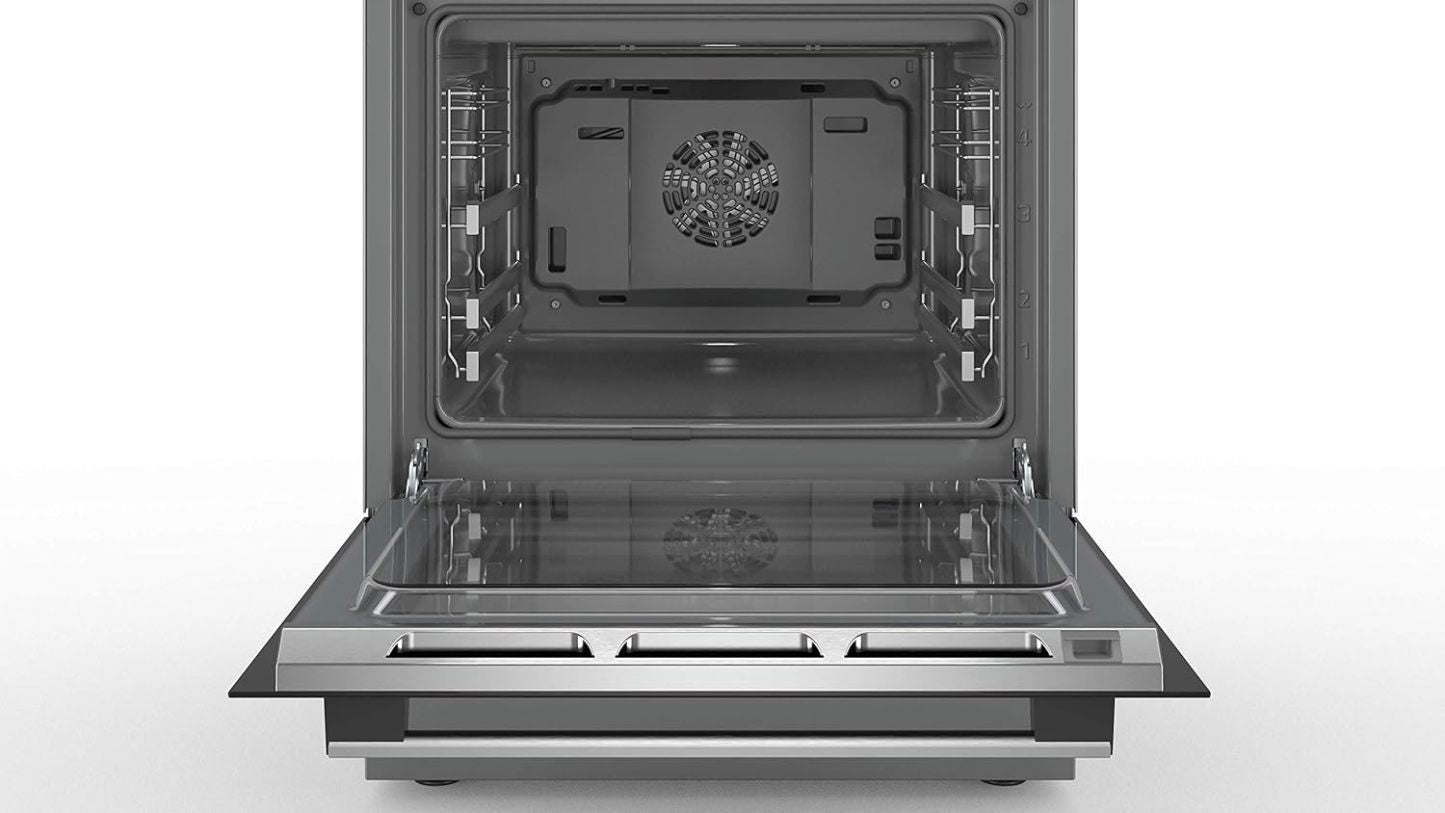 Bosch HKR39C250 Serie 4 Elektro-Standherd, 60 cm breit, EcoClean Direct Reinigungshilfe, 3D Heißluft Backen auf 3 Ebenen, LED-Display-Steuerung, erweiterbare Kochzone für großes Kochgeschirr