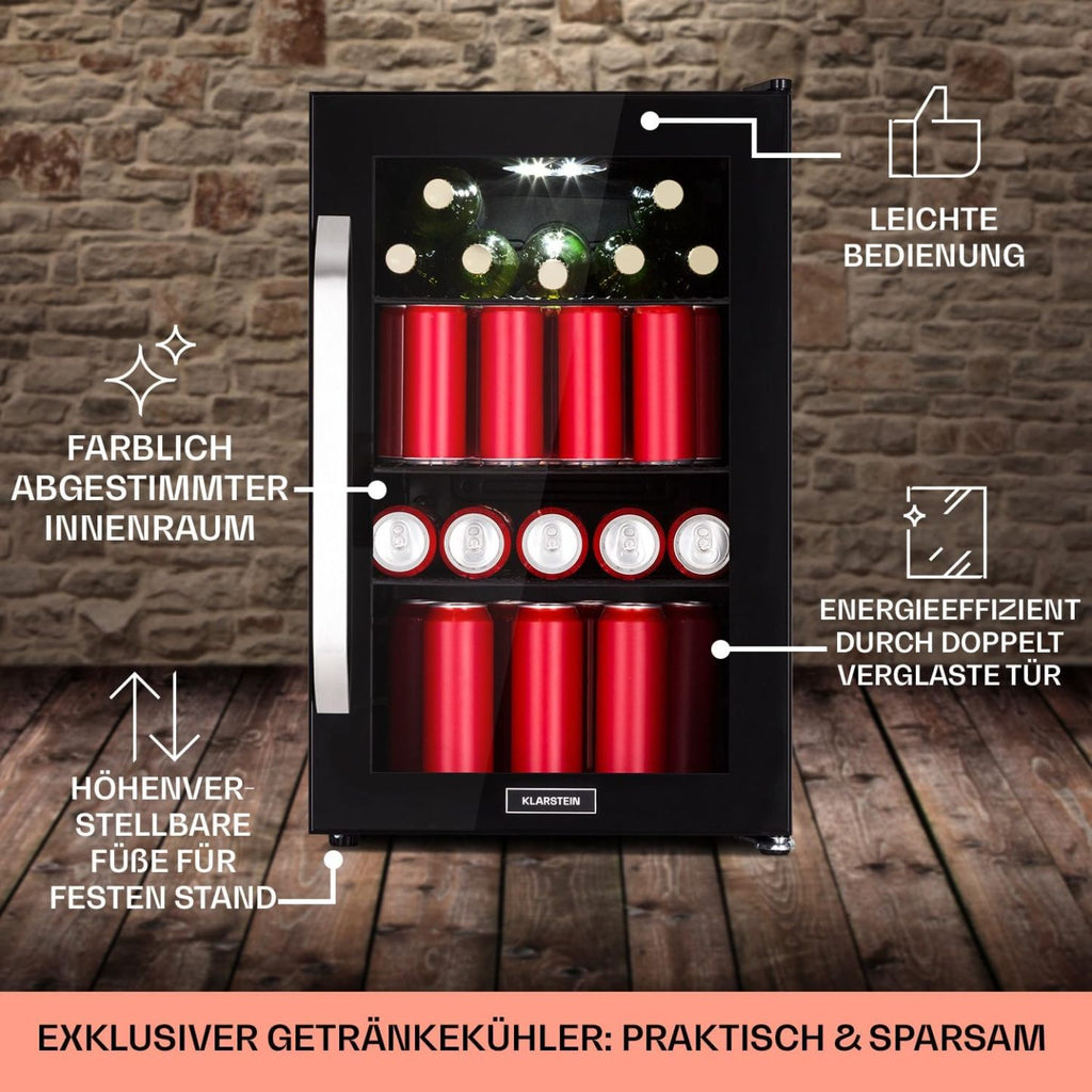 Klarstein Kühlschrank 70L, Kleiner Kühlschrank mit Herausnehmbaren Ablagen, Leiser Mini Kühlschrank mit Glastür & LED, Getränkekühlschrank Klein, Outdoor Geeignet, Biersafe für Flaschen, 0-10°C