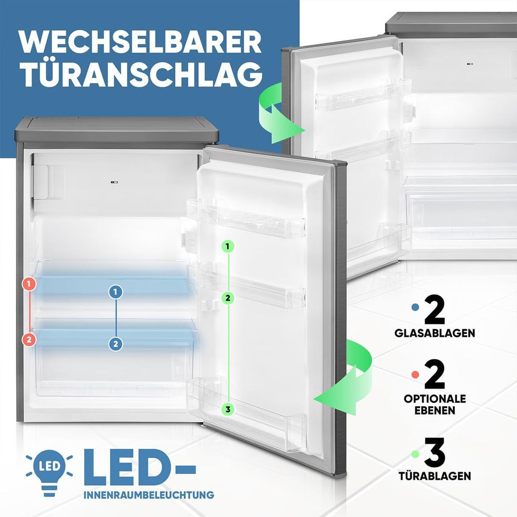 Bomann Kühlschrank mit Gefrierfach klein | Kühlschrank 2 Ablagen | leise | mit 4-Sterne Gefrierfach | Kühlschrank klein mit Obst- und Gemüsefach | Türanschlag wechselbar | KS 7251 inox