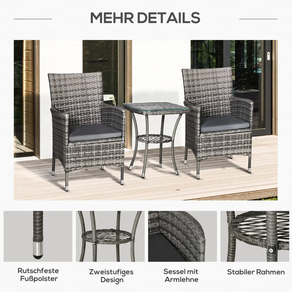 Outsunny Balkonmöbel Set 3-teilig mit Sitzkissen & Glasplatte