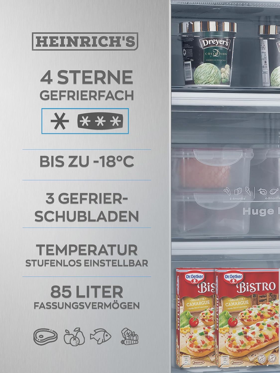 Heinrich´s Gefrierschrank 61Liter -18°C Freezer, 3x Gefrierschublade, 7 Stufen Temperaturregler, Airflow, wechselbarer Türanschlag weiß