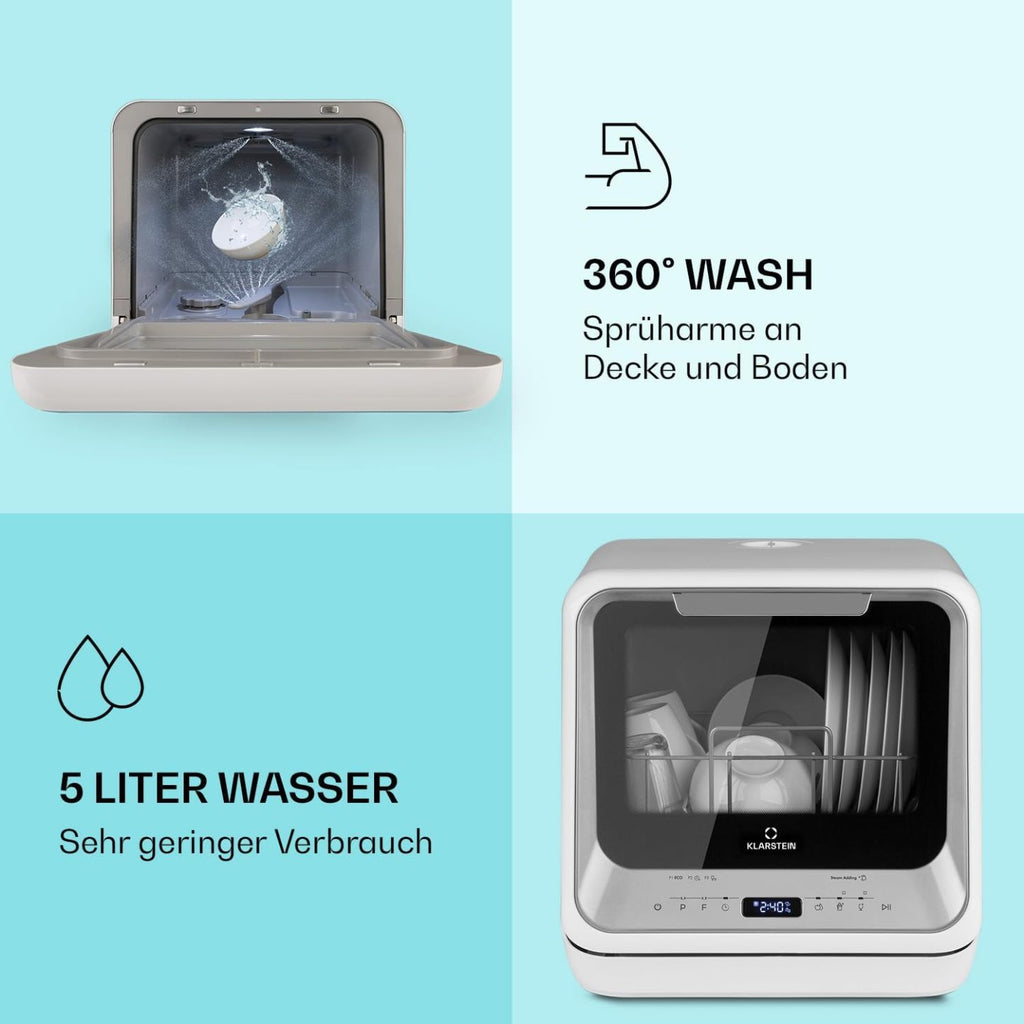 Klarstein  ia Mini Geschirrspüler, Spülmaschine mit Platz für 2 Maßgedecke, 6 Programme, 5 L Wasser benötigt, LED-Display, Touch, Tischgeschirrspüler inkl. Zubehör, schwarz