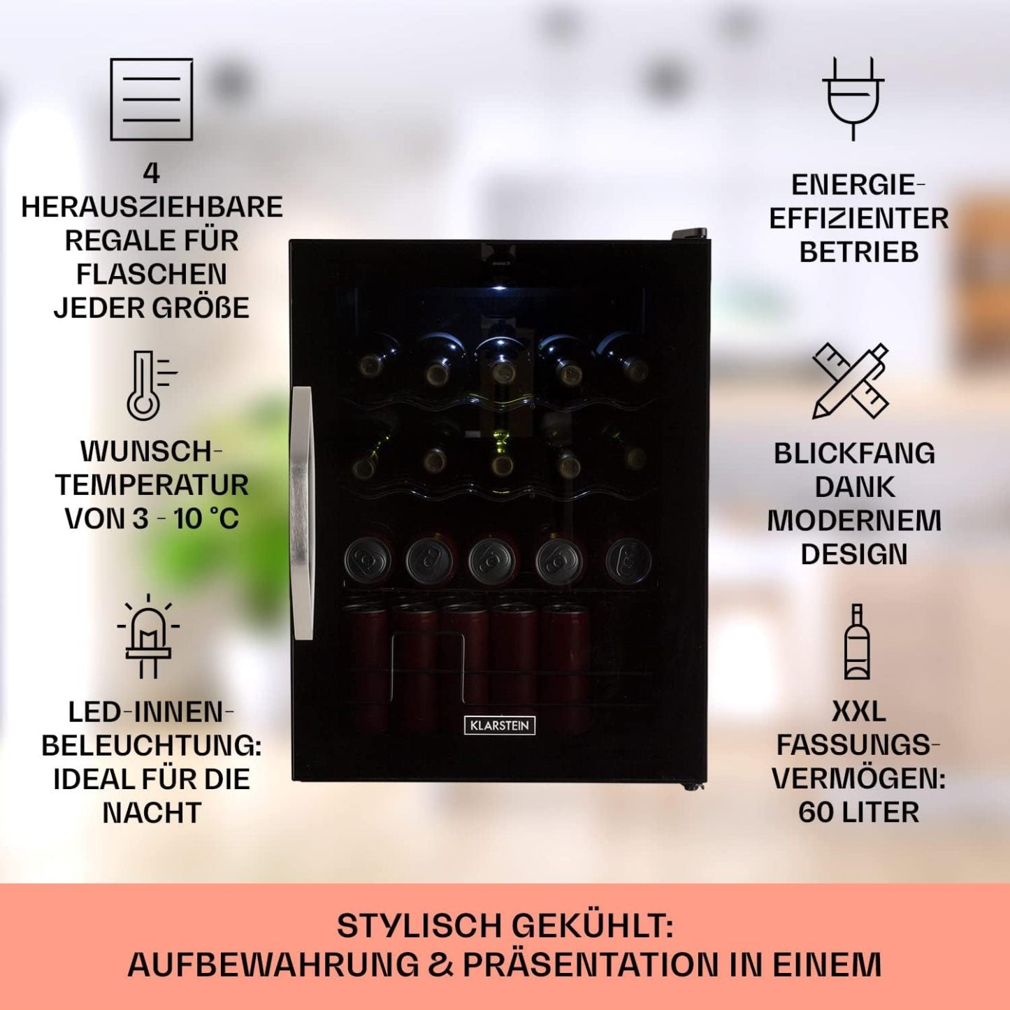 Klarstein Mini Kühlschrank mit Glastür für Zimmer, Getrnkekühlschrank mit Verstellbaren Ablagen, Kleiner 80 Liter, Indoor/Outdoor Kühlschrank Leise