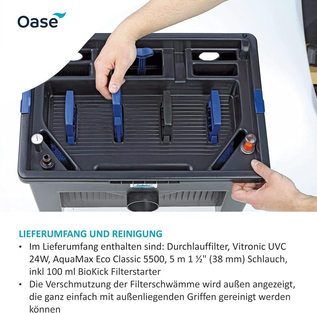 OASE 56789 Durchlauffilter BioSmart Set 36000 geeignet für Teiche bis 36 m³, Filtersystem, Filterkomplettset inkl Filtermaterial, Teichpumpe und UVC Klärer