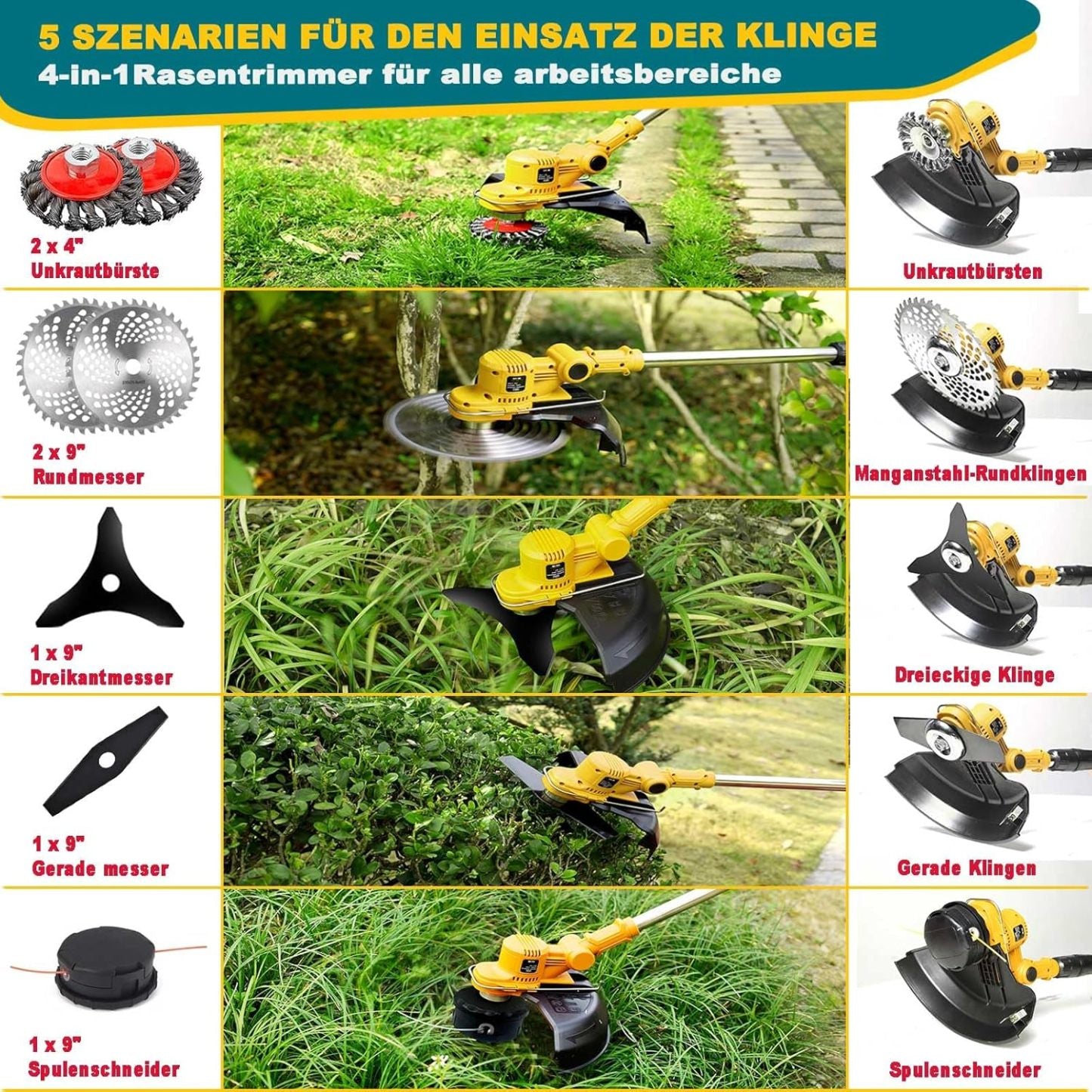Akku Rasentrimmer mit Akku und Unkrautbürste, Rasentrimmer mit Akku mit 5 Klingentypen, 21 V Bürstenlose Freischneider Akku, mit 2 Akku 4.0Ah für Garden Trimmen (Grau)