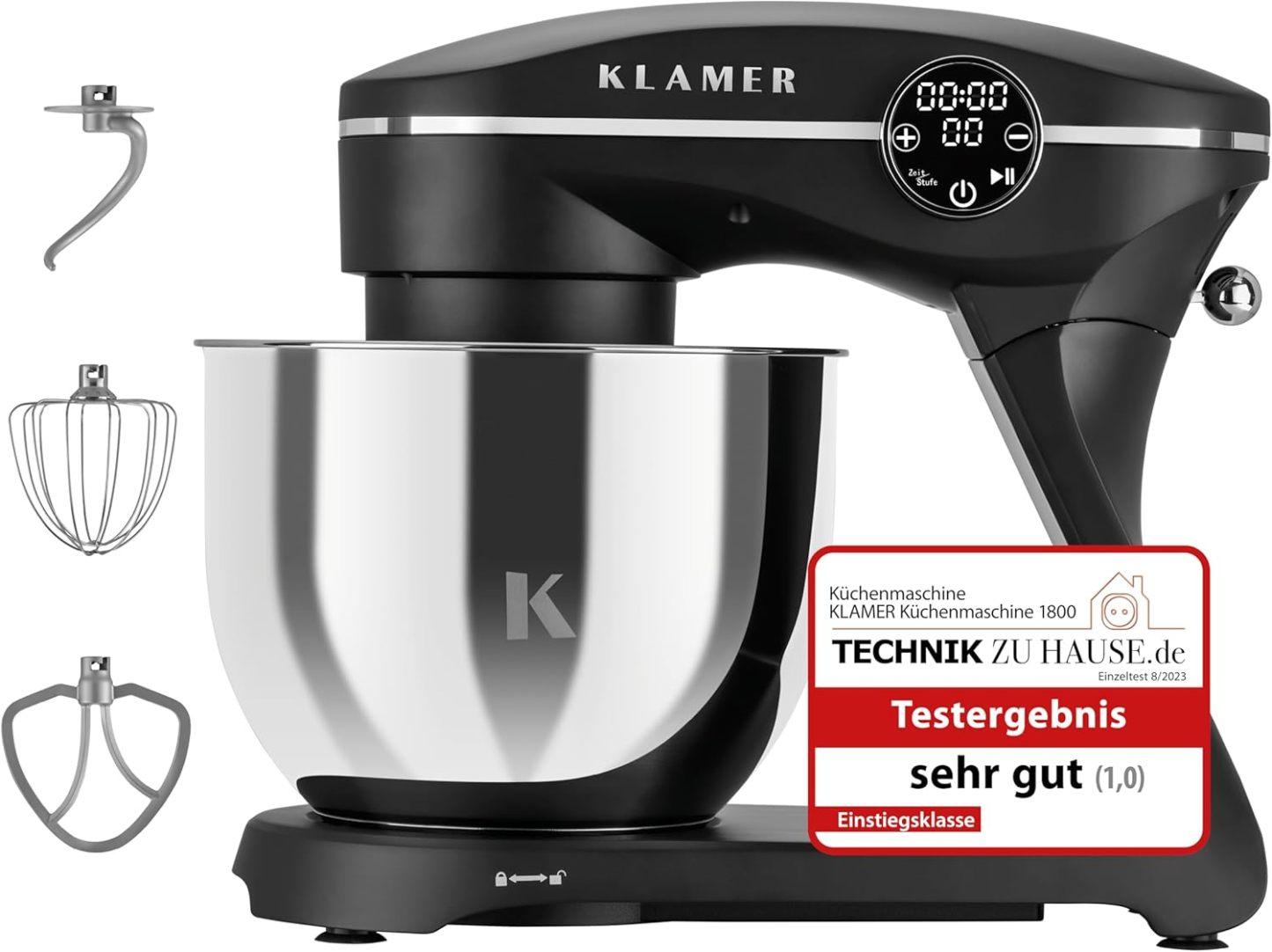 KLAMER Küchenmaschine 1800W, Knetmaschine Brotteig mit Edelstahl-Rührschüssel 6 L, 10 Stufen mit Timer, Planetenrührwerk, Rührbesen, Knethaken, Schneebesen & Sichtdeckel (schwarz)
