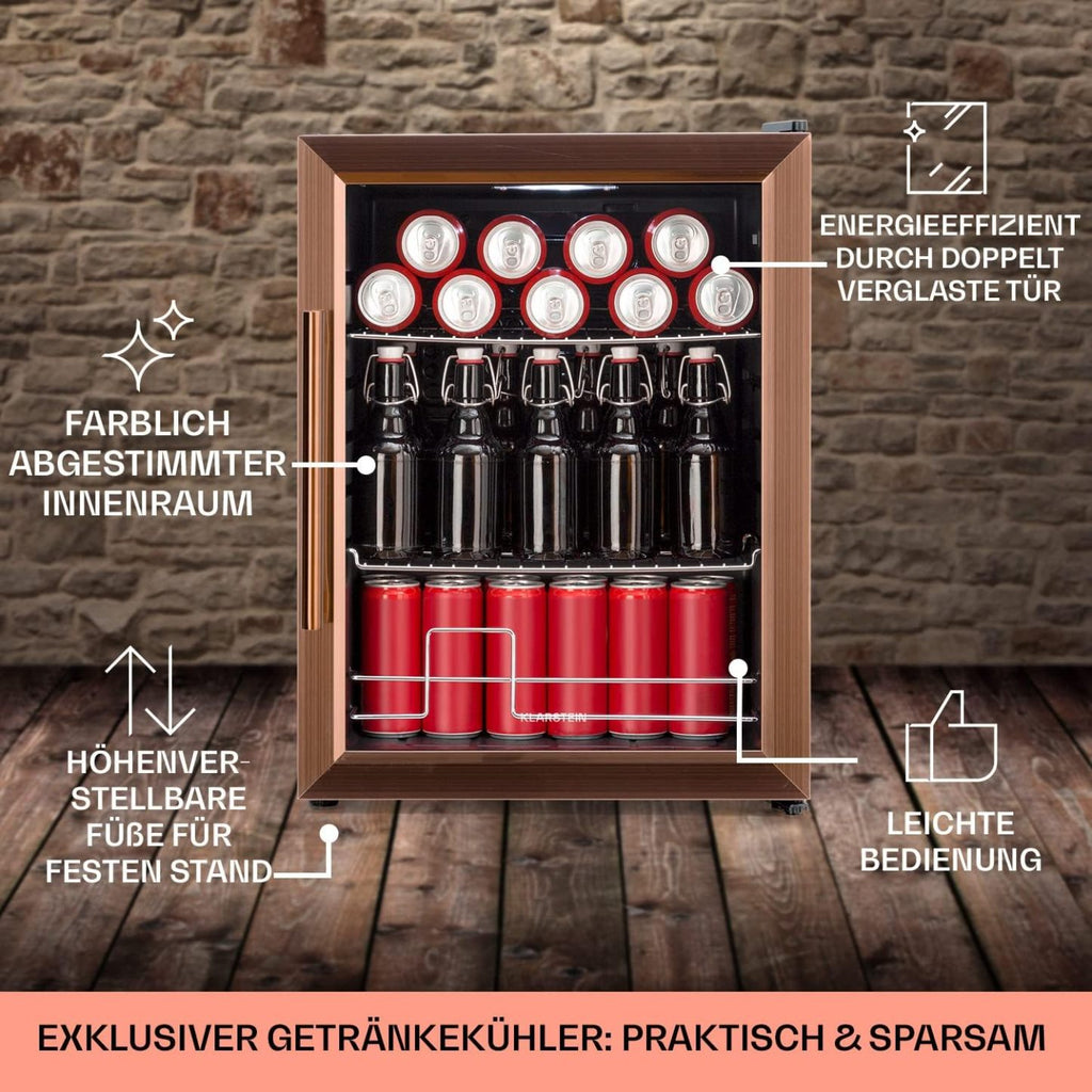 Klarstein Mini Kühlschrank mit Glastür für Zimmer, Getrnkekühlschrank mit Verstellbaren Ablagen, Kleiner 80 Liter, Indoor/Outdoor Kühlschrank Leise