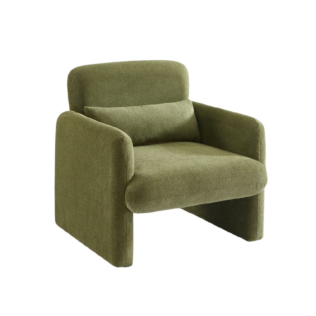 Fauteuil moderne en tissu vert olive avec un design minimaliste et confortable.