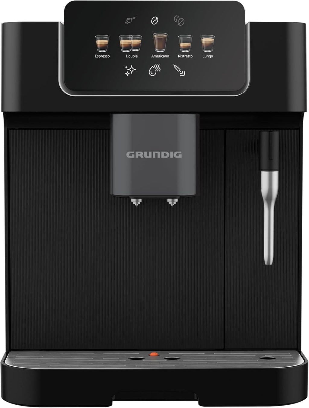 GRUNDIG KVA 7230 Kaffeevollautomat, Kaffeemaschine, 10 Kaffeespezialitäten, 13 Mahlgrade, Milchbehälter, leistungsstark 1350 W, 19 Bar Pumpendruck, Zweifachdüse, Beleuchtung, Schwarz/Dunkelsilber