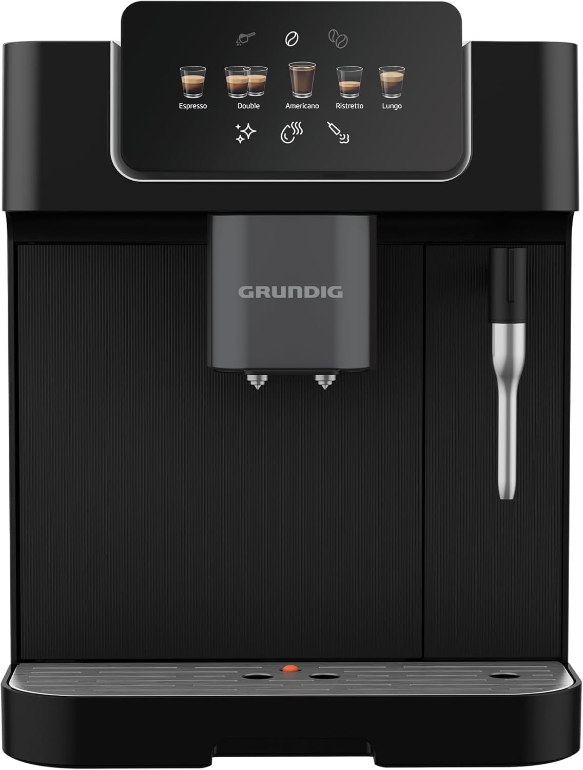 GRUNDIG KVA 7230 Kaffeevollautomat, Kaffeemaschine, 10 Kaffeespezialitäten, 13 Mahlgrade, Milchbehälter, leistungsstark 1350 W, 19 Bar Pumpendruck, Zweifachdüse, Beleuchtung, Schwarz/Dunkelsilber