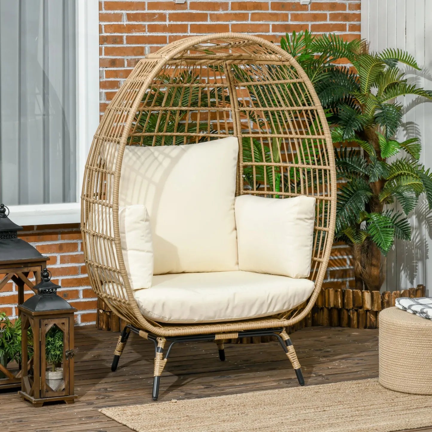 Outsunny Rattansessel Korbform mit dicken Kissen verstellbare Füße