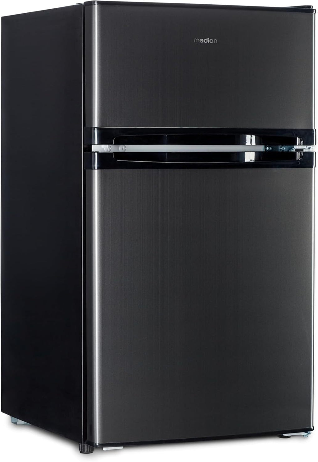 MEDION Mini Kühl-Gefrierkombination (85 Liter, 61L Kühlteil, 24L Gefrierteil, freistehend, 40 dB, transparente Gemüseschublade, Türanschlag wechselbar, MD 37689) grau