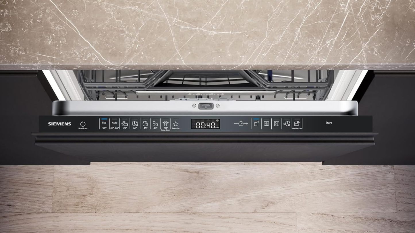 Siemens SN43ES14VE, iQ300 Smarter Geschirrspüler, Unterbau-Spülmaschine mit Besteckschublade, 60 cm, automatische Türöffnung dank autoOpen dry, besonders leise mit iQdrive-Motor, aquaStop, Edelstahl