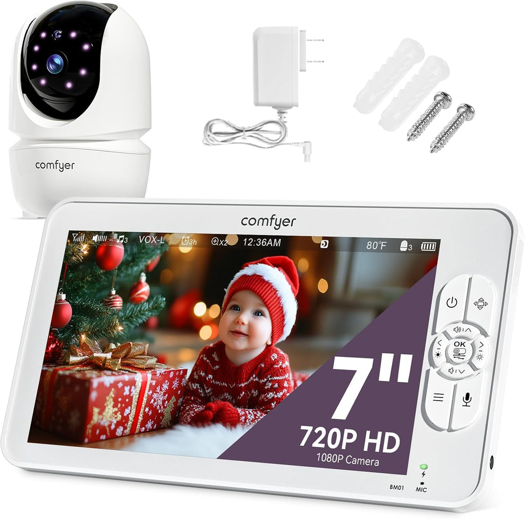 Comfyer Split-Screen Babyphone mit 2 Kameras, 7 HD 720P Video Babyphone ohne WLAN mit Halterung, IR-Nachtsicht Weitwinkelobjektiv Vox-Modus 2-Wege-Audio 960 Fuß Reichweite Videoüberwachungsgeräte