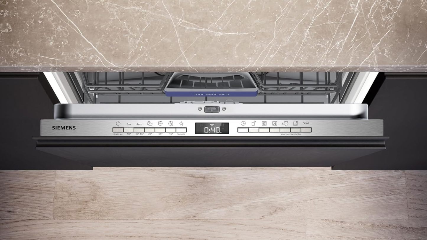 Siemens SN43ES14VE, iQ300 Smarter Geschirrspüler, Unterbau-Spülmaschine mit Besteckschublade, 60 cm, automatische Türöffnung dank autoOpen dry, besonders leise mit iQdrive-Motor, aquaStop, Edelstahl