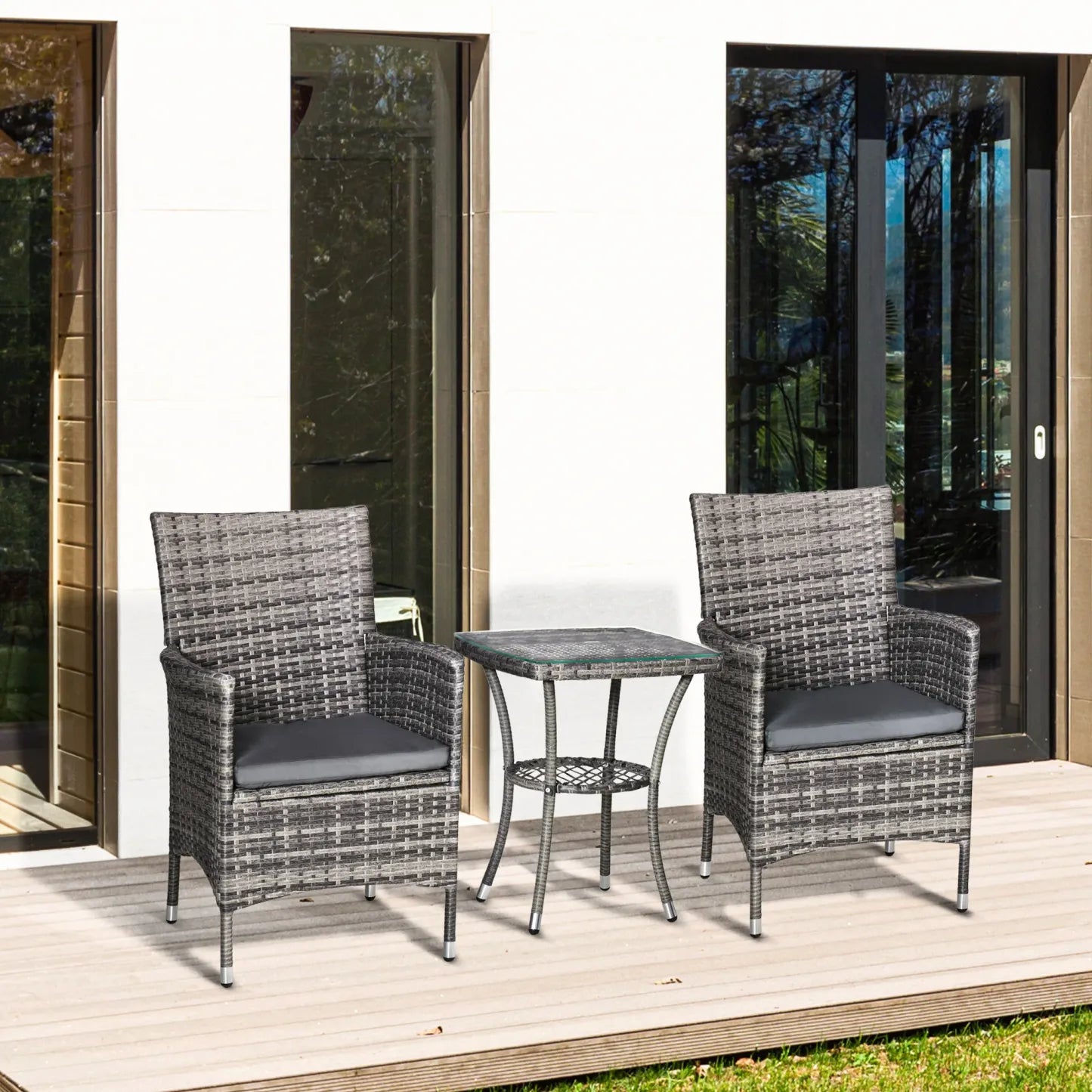 Outsunny Balkonmöbel Set 3-teilig mit Sitzkissen & Glasplatte
