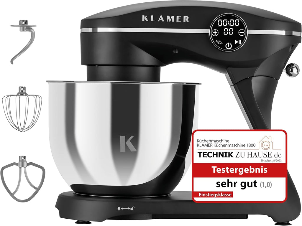 KLAMER Küchenmaschine 1800W, Knetmaschine Brotteig mit Edelstahl-Rührschüssel 6 L, 10 Stufen mit Timer, Planetenrührwerk, Rührbesen, Knethaken, Schneebesen & Sichtdeckel (schwarz)