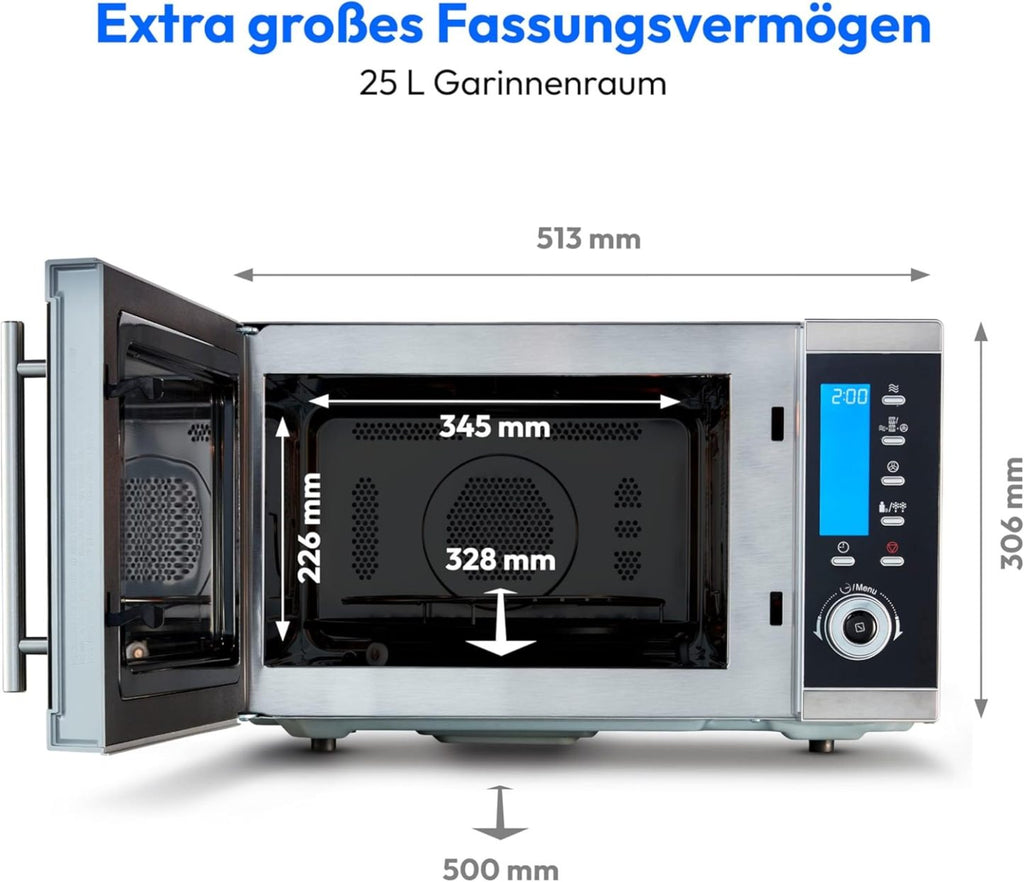 MEDION MD 15501 4 in 1 Mikrowelle mit Grill (25 Liter, 900 Watt, 1100 Watt Grill, 2500 Watt Heißluft, 10 Automatik-Programme) silber