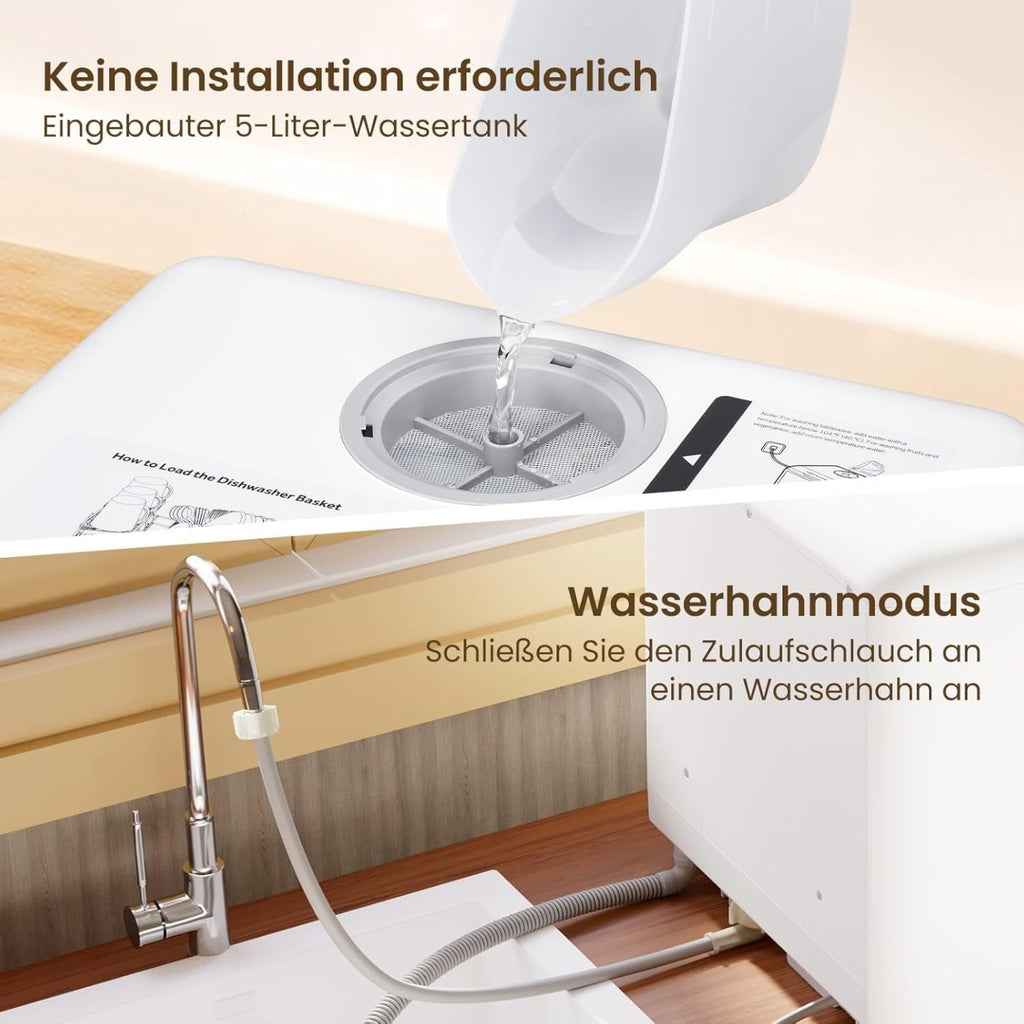 HAVA Tischgeschirrspüler, mini Spülmaschine mit 6 Programmen und eingebautem 5-Liter-Wassertank, kein Anschluss erforderlich, Babybedarfs- und Lufttrocknungsfunktion für Wohnungen und Wohnmobile