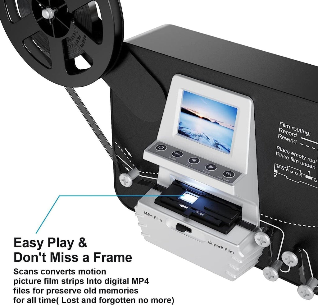 Super 8 Film Scanner, Converts Film in Digitales Video(3, 5, 7 und 9 Super 8/8 mm Film Rollen) MovieMaker/Film Digitizer, Super 8 Digitalisieren, mit 32 GB Speicherkarte und 2,4 LCD