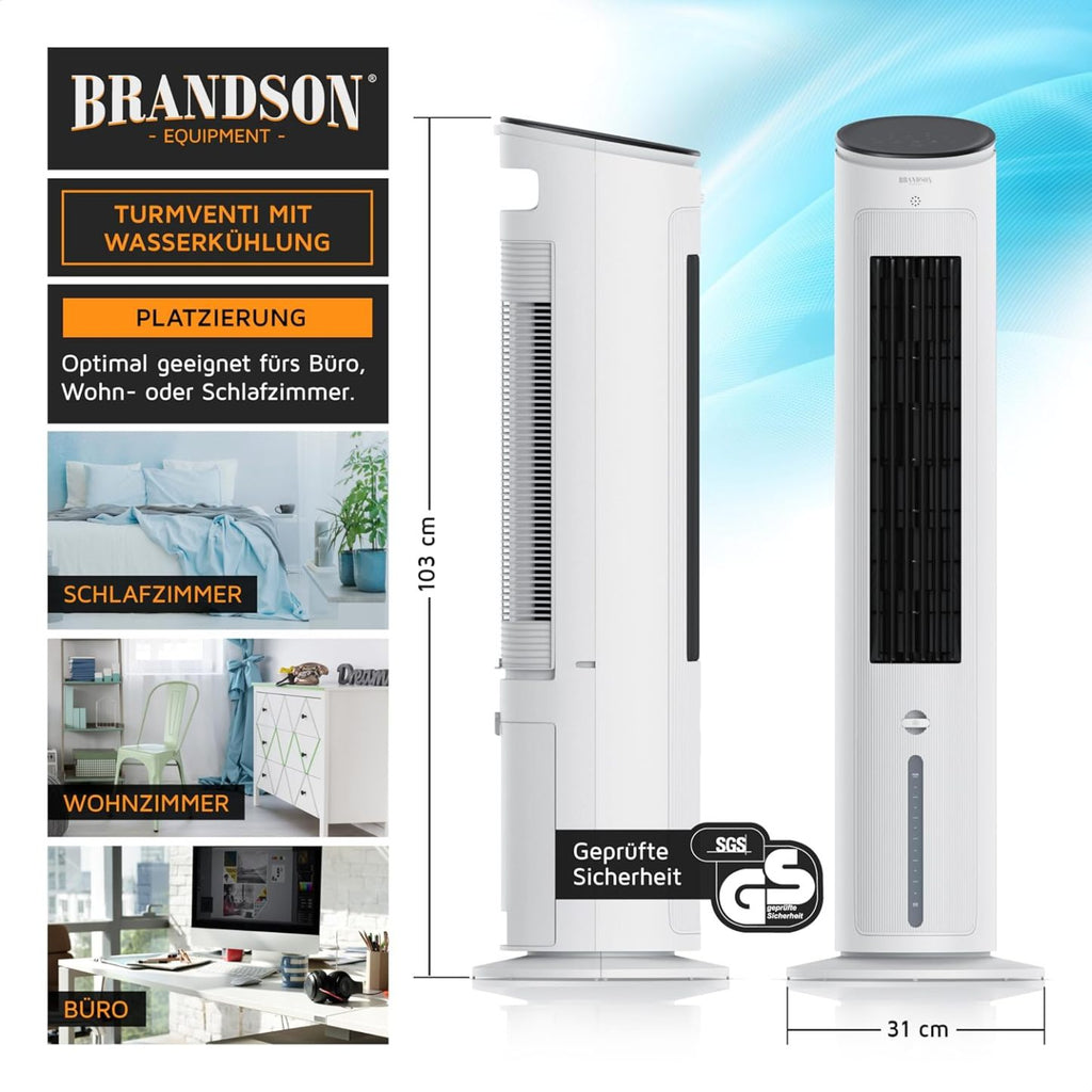 Brandson - Turmventilator mit Wasserkühlung - Preisträger 2025 - Verdunstungskühler - Luftkühler - Ventilator - mobile Klimaanlage ohne Abluftschlauch - 5 in 1 - leise - 4,6 L Wassertank - weiß