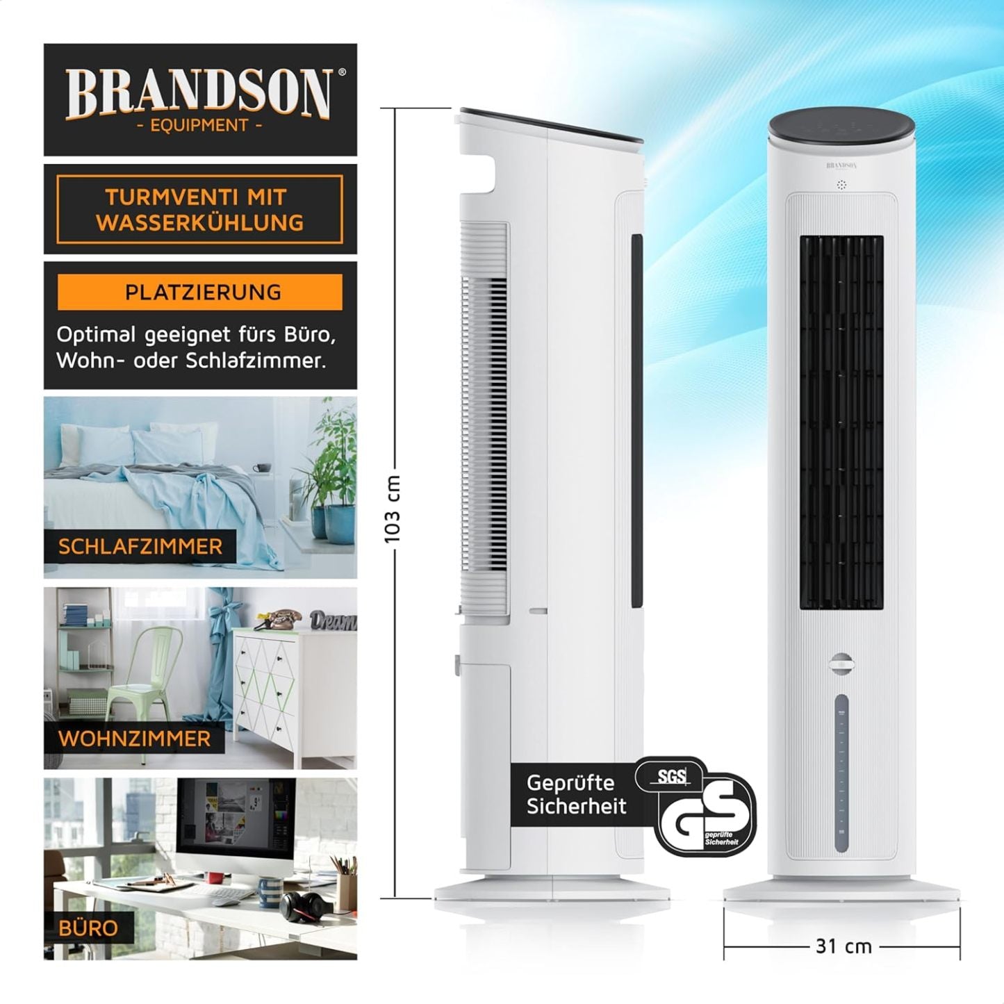 Brandson - Turmventilator mit Wasserkühlung - Preisträger 2025 - Verdunstungskühler - Luftkühler - Ventilator - mobile Klimaanlage ohne Abluftschlauch - 5 in 1 - leise - 4,6 L Wassertank - weiß