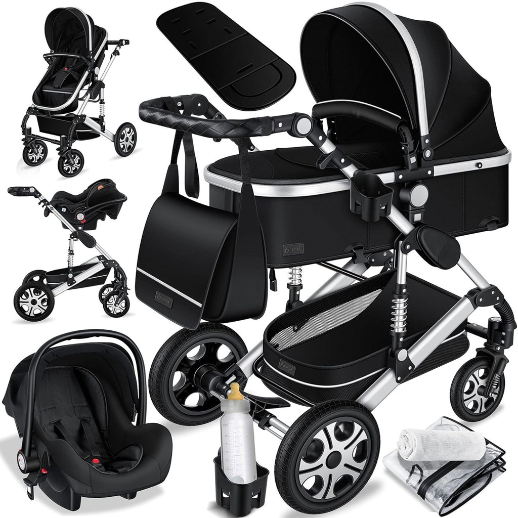 KESSER Loops 3 in 1 Kinderwagen Kombikinderwagen Komplett-Set inkl. Babywanne & Buggy Sportsitz & Auto-Babyschale Voll-Gummireifen Wickeltasche Regenschutz Kindertisch ECE R129, Schwarz/Champagne