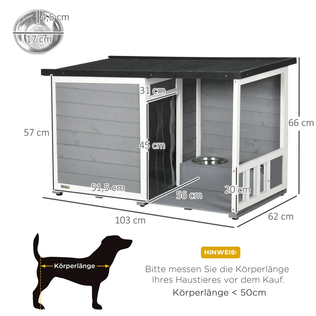 PawHut Hundehütte mit überdachter Veranda und Futternäpfen Outdoor