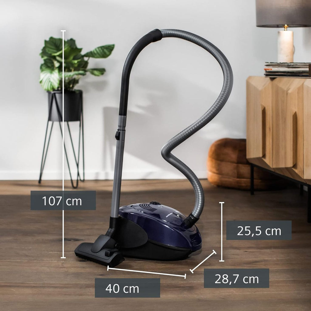 Siemens Staubsauger mit Beutel synchropower VS06A111, Bodenstaubsauger, Hygiene-Filter, Bodendüse für Hartboden und Teppich, starke Saugleistung, langes Kabel, Fugendüse, 600 W, blau
