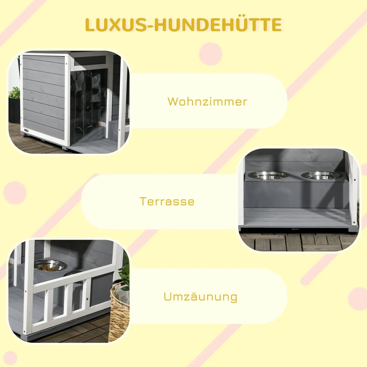 PawHut Hundehütte mit überdachter Veranda und Futternäpfen Outdoor