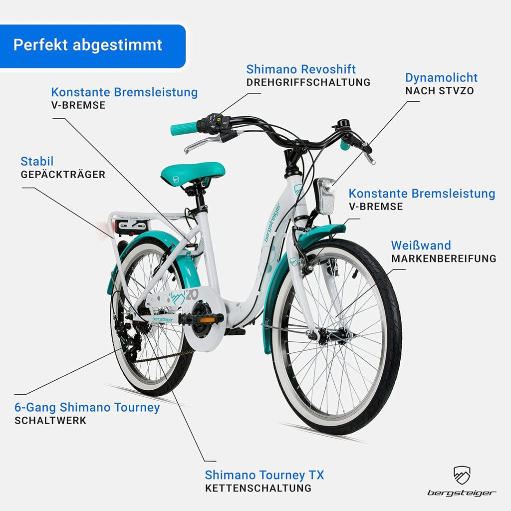 Bergsteiger Atlantis 20, 24 Zoll Kinderfahrrad, geeignet für 6,7, 8, 9, 10, 11 Jahre, StVZO, Shimano Schaltung, Mädchen-Fahrrad mit Dynamo-Licht