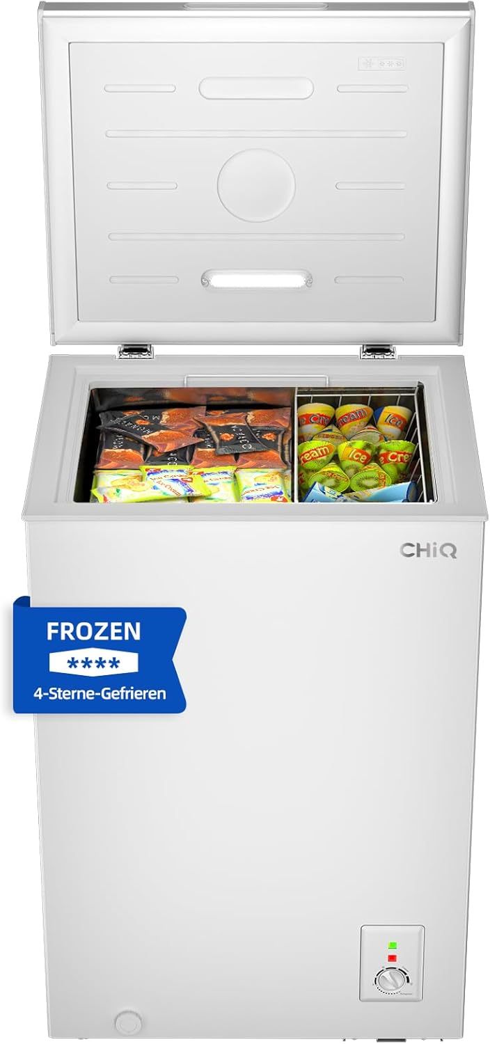 CHiQ FCF98DE Gefriertruhe 99 L, 54,5 x 47,6 x 83,5 cm, 4-Sterne-Gefrieren, Thermostatsteuerung, Drahtgestell, Schwebetür, Geräuscharm, Weiß