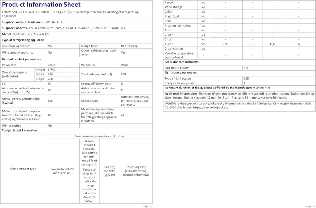 Bauknecht GKN 272 A3+ Gefrierschrank / 309 L Gesamtnutzinhalt / NoFrost / EasyOpen Ventil / Innenbeleuchtung / Elektronische Steuerung mit innenliegendem Bedienfeld, Weiß