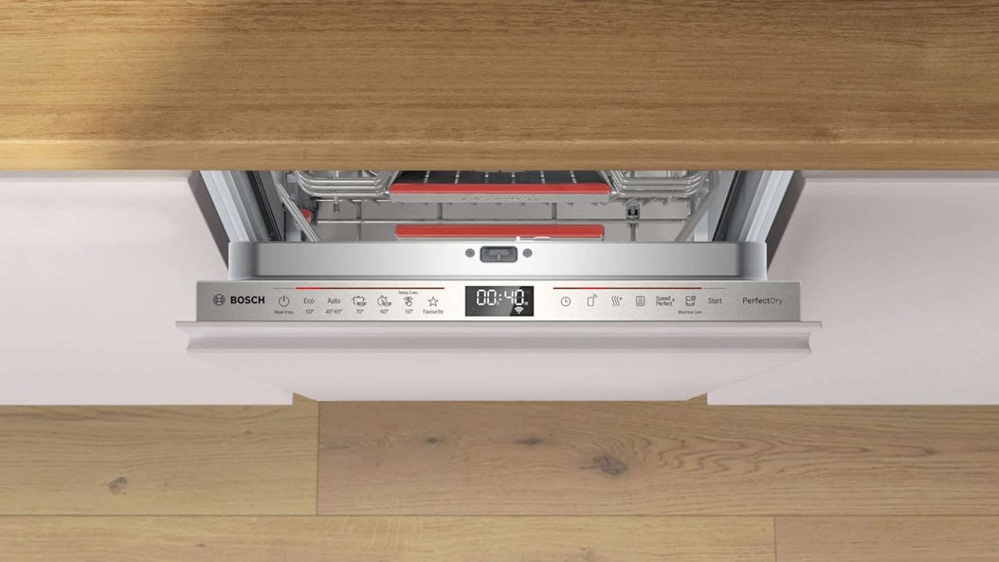 Bosch SPV2IKX10E Serie 2 Smarter Geschirrspüler vollintegriert, 45 cm breit, Besteckkorb, Extra Trocknen auf Knopfdruck, InfoLight roter Lichtpunkt am Boden, AquaStop Schutz gegen Wasserschäden, Weiß