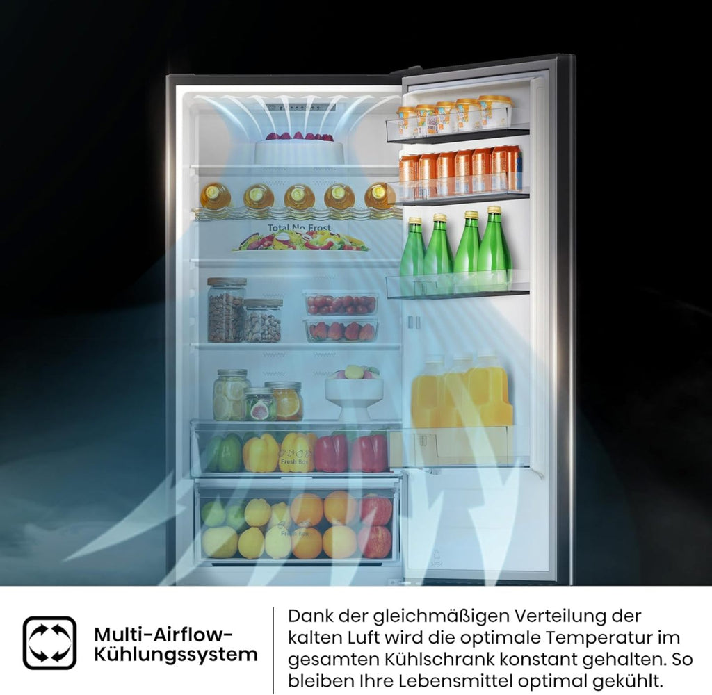 Hisense RB327N4AD2 Kühl-Gefrierkombination/ NoFrostPlus/ Multiflow 360°/ HolidayMode/ FreshZone/ 182,4 cm/ Kühlteil 171 l/ Gefrierteil 85 l/ 41 dB/ 287 kWh/ Jahr/ Edelstahl-Look