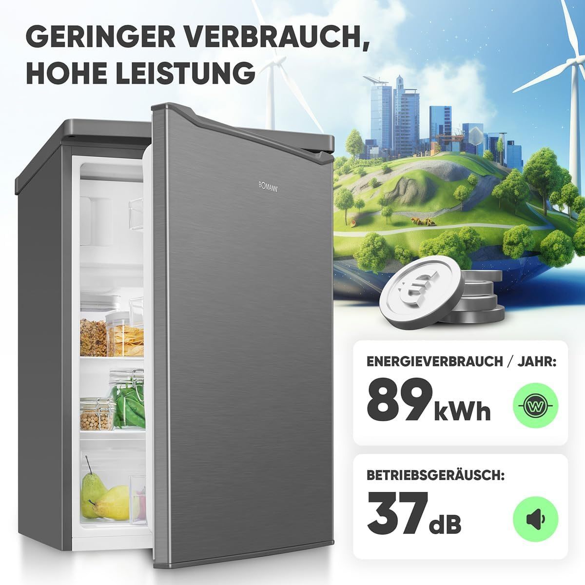 Bomann Kühlschrank mit Gefrierfach klein | Kühlschrank 2 Ablagen | leise | mit 4-Sterne Gefrierfach | Kühlschrank klein mit Obst- und Gemüsefach | Türanschlag wechselbar | KS 7251 inox