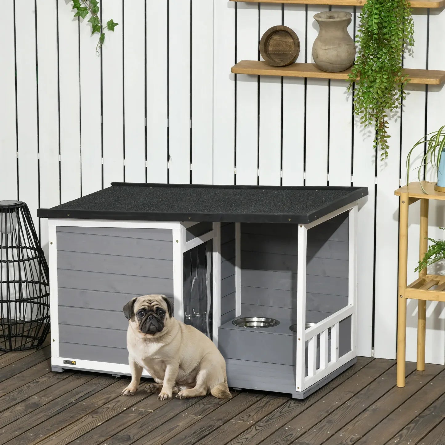 PawHut Hundehütte mit überdachter Veranda und Futternäpfen Outdoor