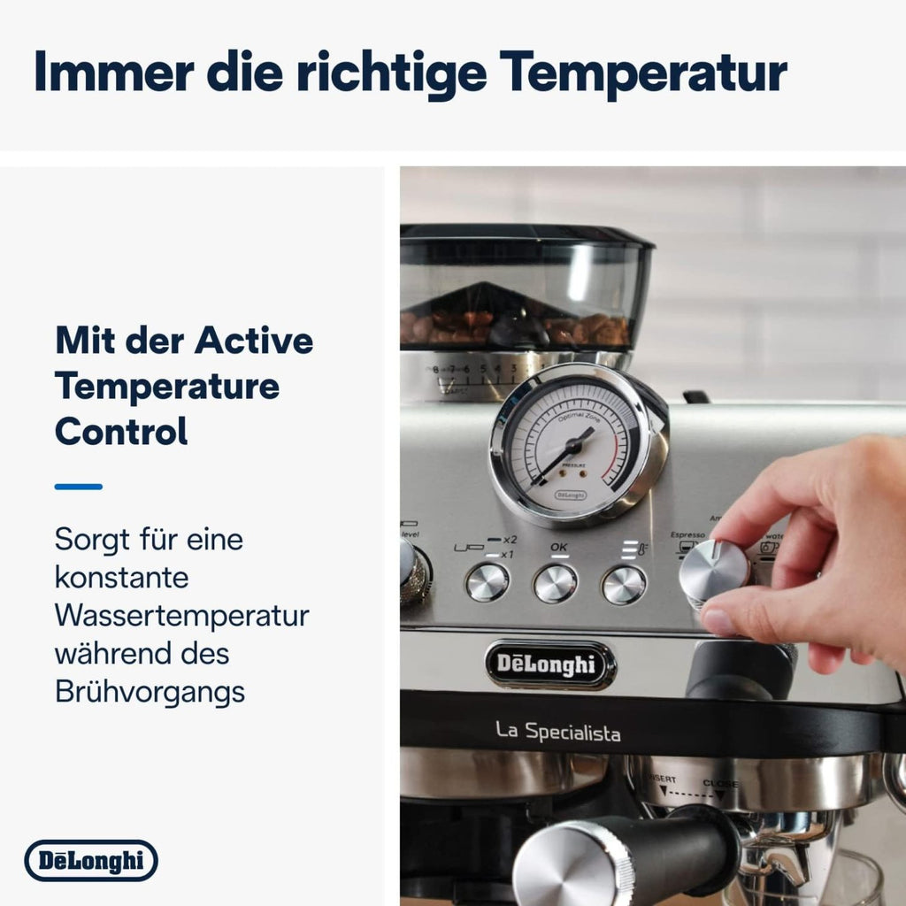 De'Longhi La Specialista Arte EC9155.MB Siebtrgermaschine, Espressomaschine mit Mahlwerk, 8 Mahlgrade, 15 Bar, 3 Temperaturen, Milchschaumdüse, 1300 W, 1,5 l Tank, Edelstahl/Schwarz inkl. Barista-Kit