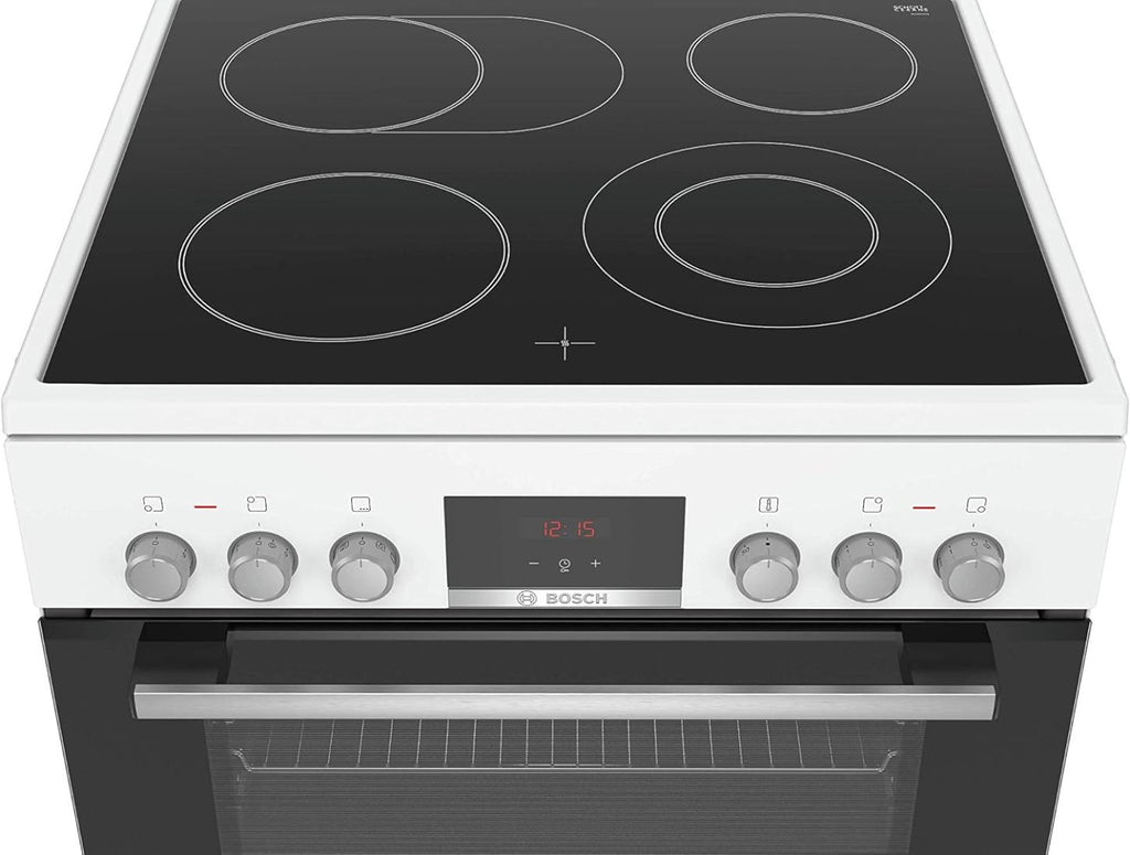 Bosch HKR39C250 Serie 4 Elektro-Standherd, 60 cm breit, EcoClean Direct Reinigungshilfe, 3D Heißluft Backen auf 3 Ebenen, LED-Display-Steuerung, erweiterbare Kochzone für großes Kochgeschirr