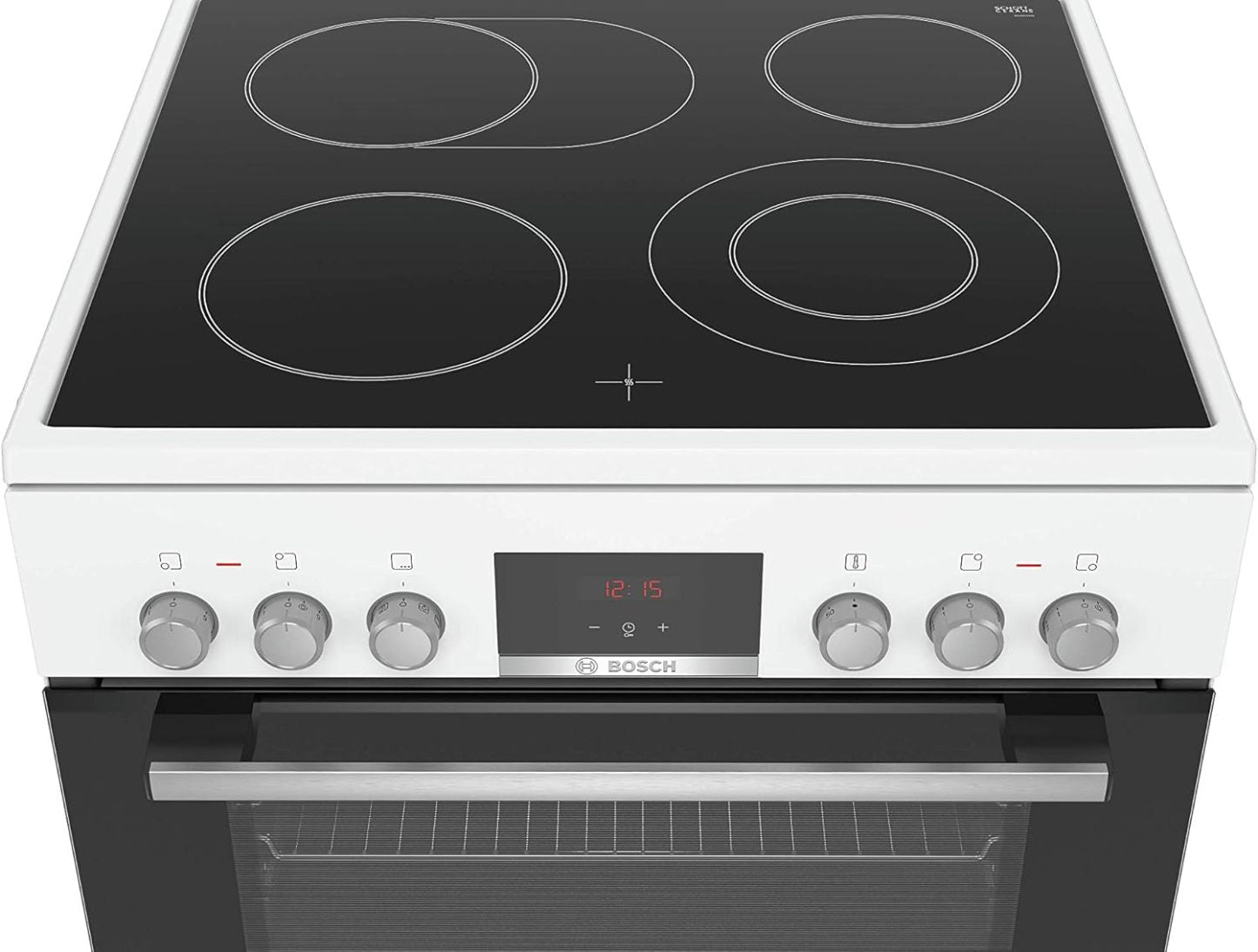Bosch HKR39C250 Serie 4 Elektro-Standherd, 60 cm breit, EcoClean Direct Reinigungshilfe, 3D Heißluft Backen auf 3 Ebenen, LED-Display-Steuerung, erweiterbare Kochzone für großes Kochgeschirr