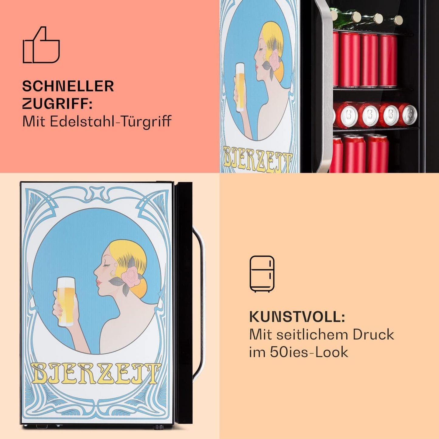 Klarstein Kühlschrank 70L, Kleiner Kühlschrank mit Herausnehmbaren Ablagen, Leiser Mini Kühlschrank mit Glastür & LED, Getränkekühlschrank Klein, Outdoor Geeignet, Biersafe für Flaschen, 0-10°C