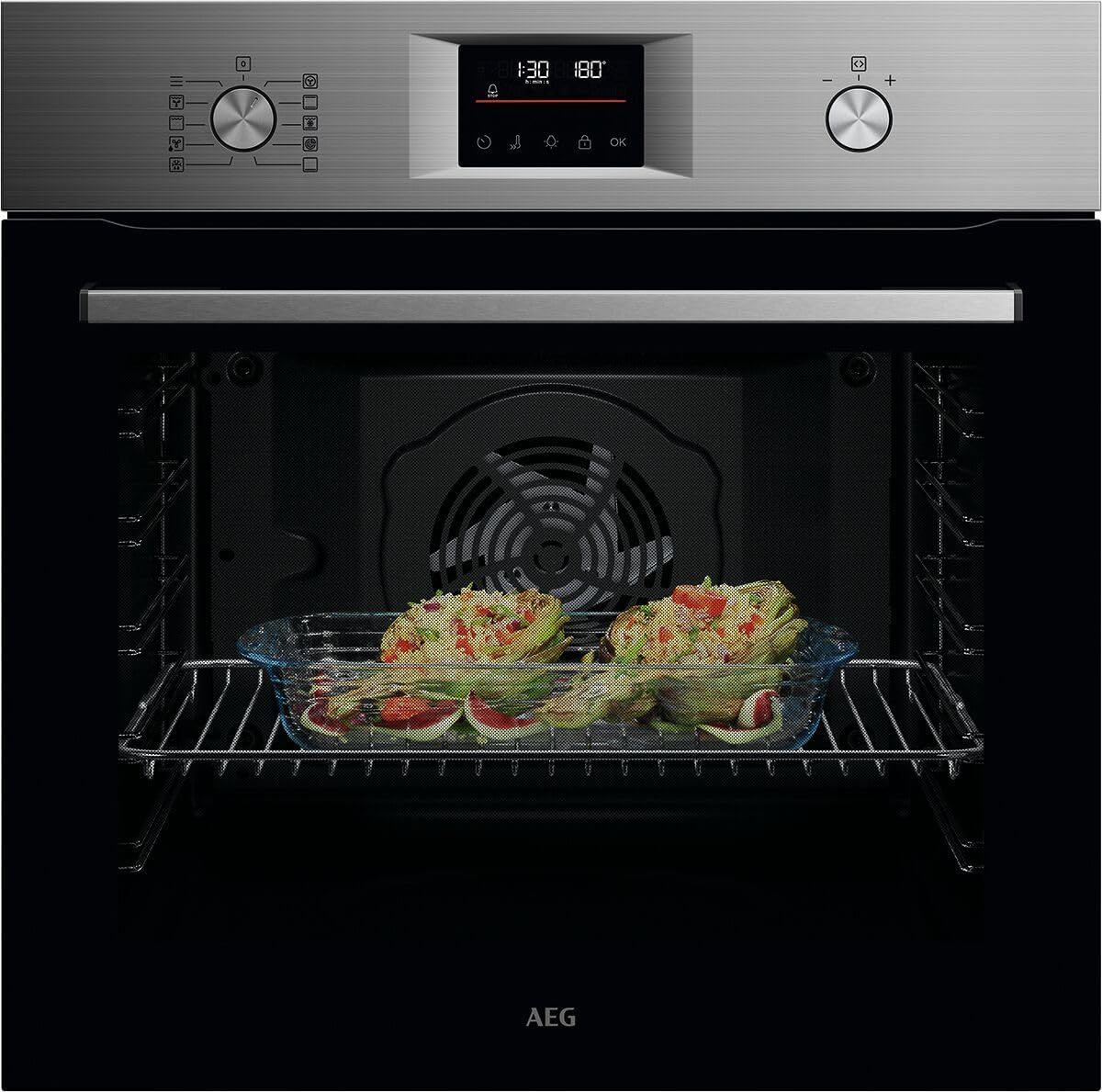 AEG Einbaubackofen – Serie 5 Ringheißluft: Gleichmäßige Garergebnisse auf 3 Ebenen – Pyrolyse Selbstreinigung – 25 Automatikprogramme – LED-Touchdisplay – Schnellaufheizung – Schwarz – BPE53516AB