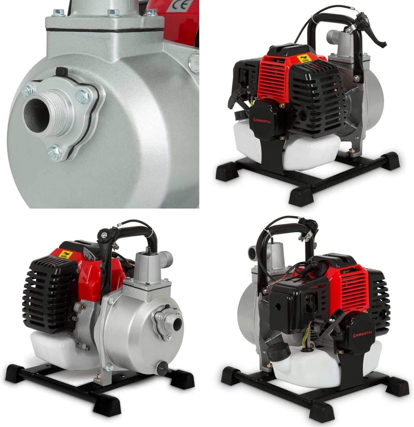 EBERTH 5,5PS Wasserpumpe mit 30.000l/h und 30m Förderhöhe, 2 Zoll Anschluss, Gartenpumpe Schmutzwasserpumpe mit 4-Takt-Motor und 7m Ansaughöhe, Benzin Pumpe, Seilzugstart, Metallfuß, Tragegriff