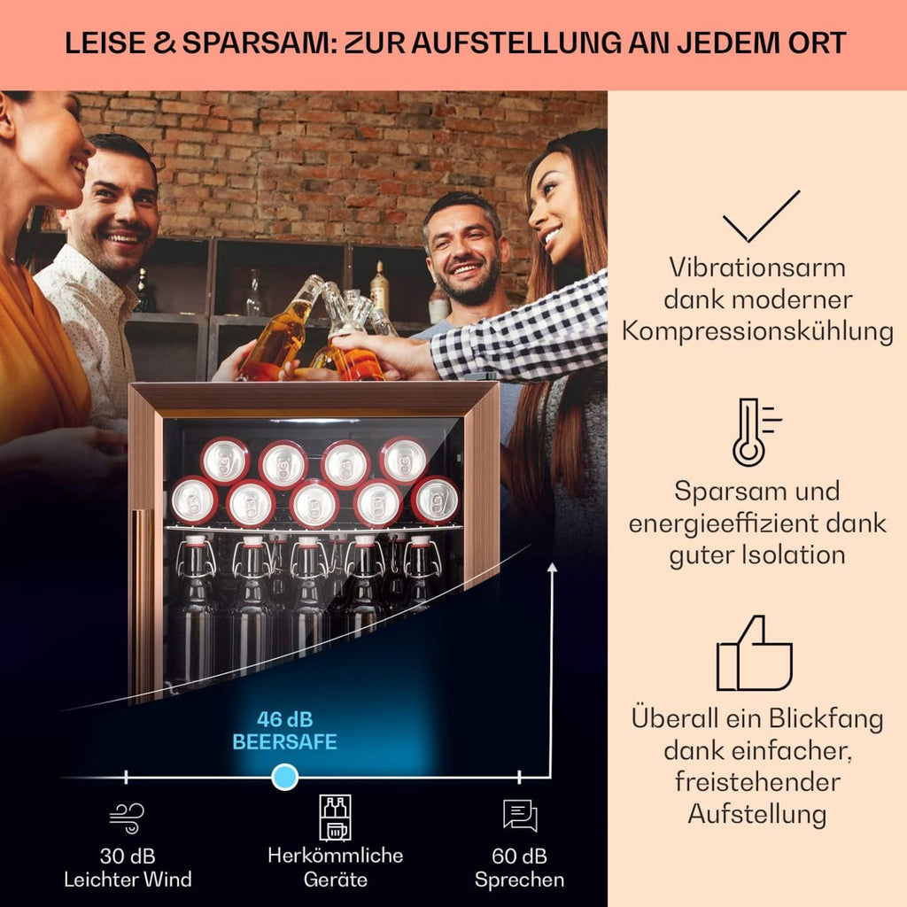 Klarstein Mini Kühlschrank mit Glastür für Zimmer, Getrnkekühlschrank mit Verstellbaren Ablagen, Kleiner 80 Liter, Indoor/Outdoor Kühlschrank Leise
