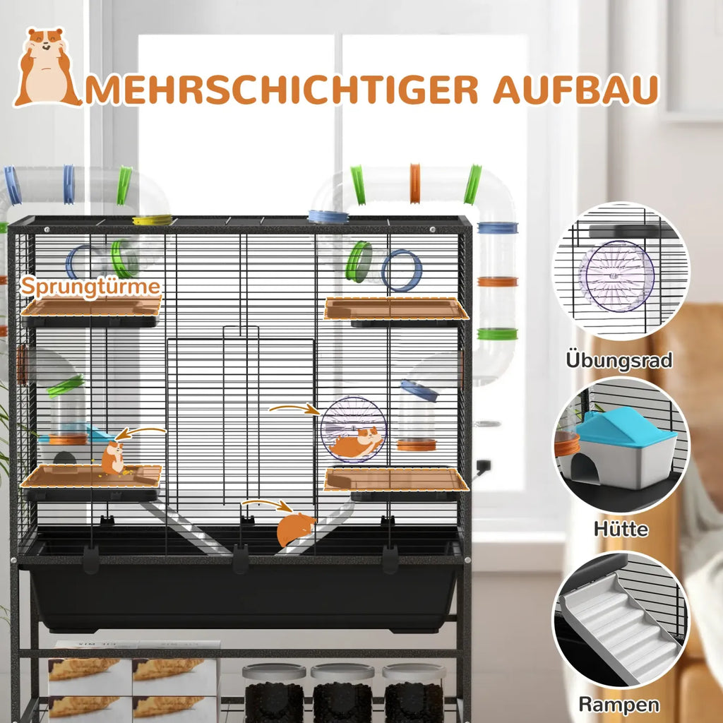 PawHut Hamsterkäfig Nagerkäfig mit Röhren Laufrad Rollen Ablage