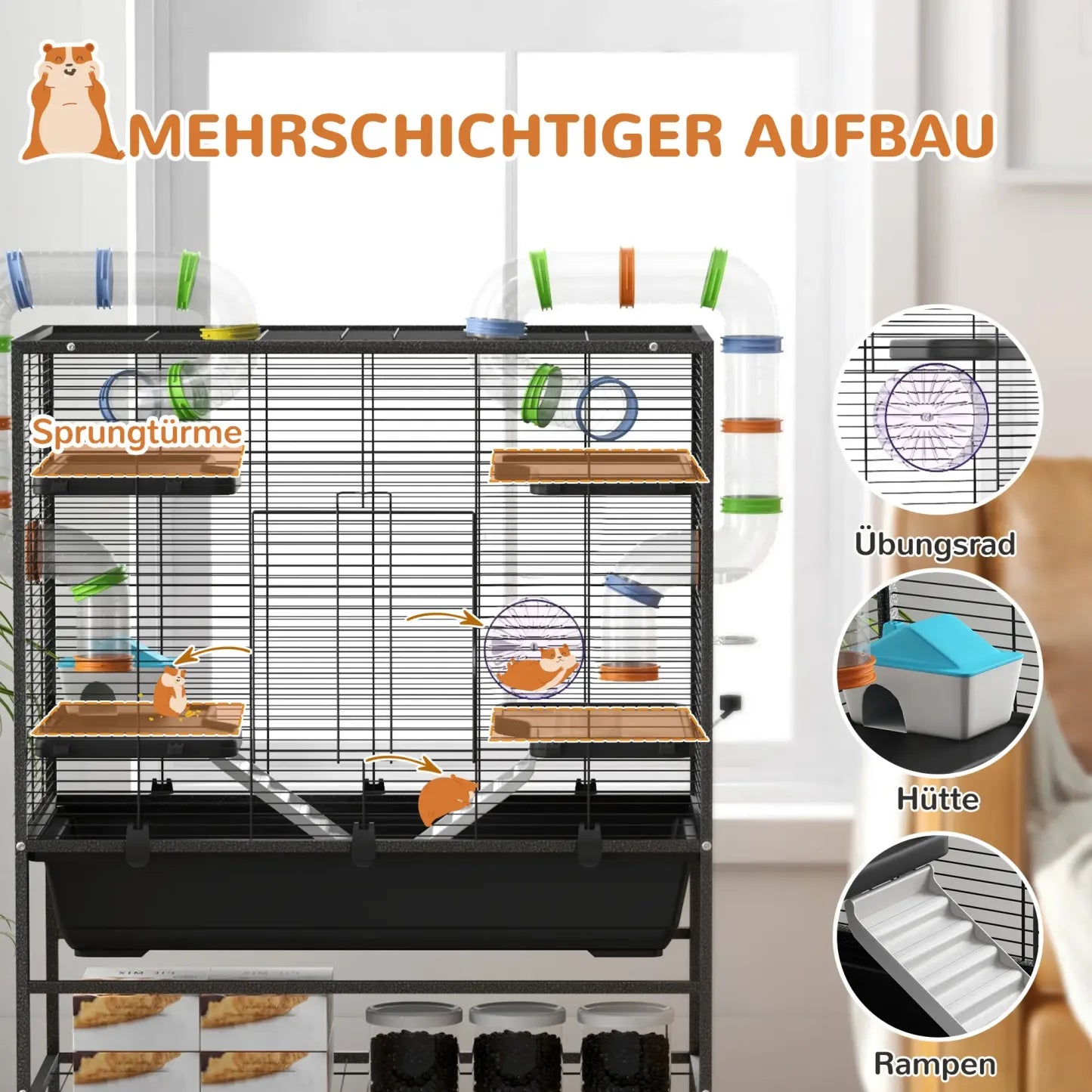 PawHut Hamsterkäfig Nagerkäfig mit Röhren Laufrad Rollen Ablage