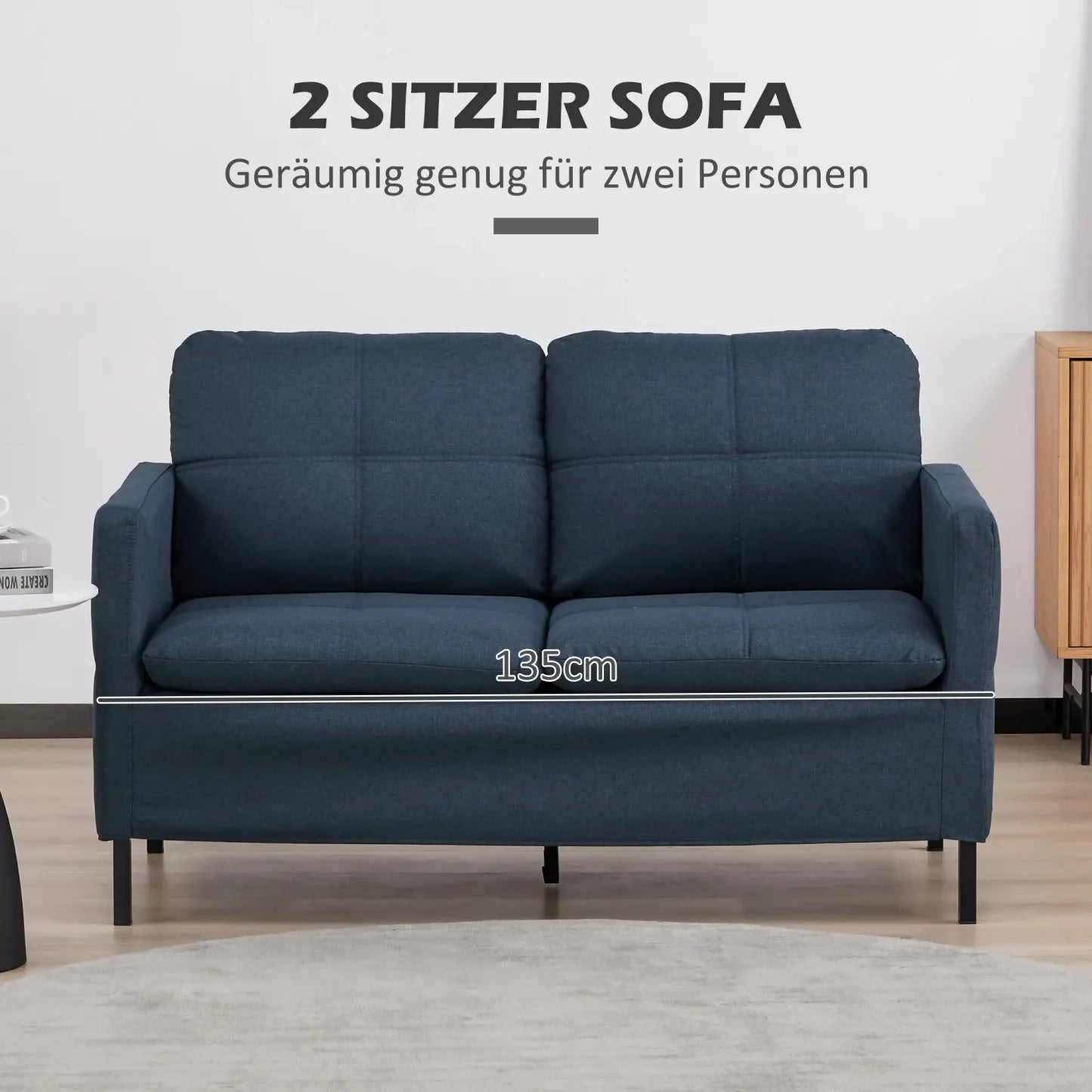 HOMCOM 2-Sitzer Sofa mit Leinenoptik & Stahlbeinen, Dunkelblau
