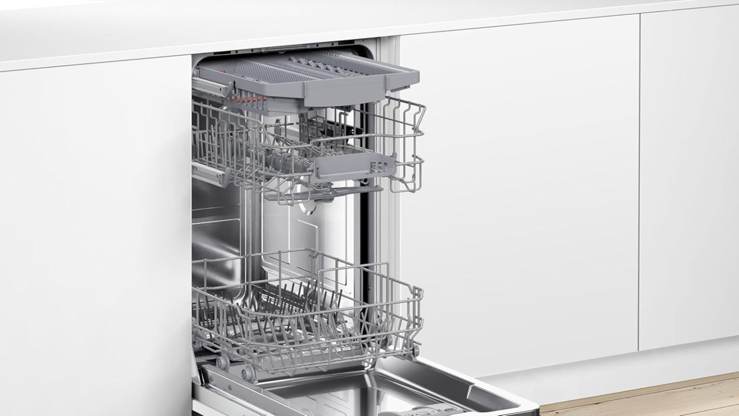 Bosch SPV2IKX10E Serie 2 Smarter Geschirrspüler vollintegriert, 45 cm breit, Besteckkorb, Extra Trocknen auf Knopfdruck, InfoLight roter Lichtpunkt am Boden, AquaStop Schutz gegen Wasserschäden, Weiß